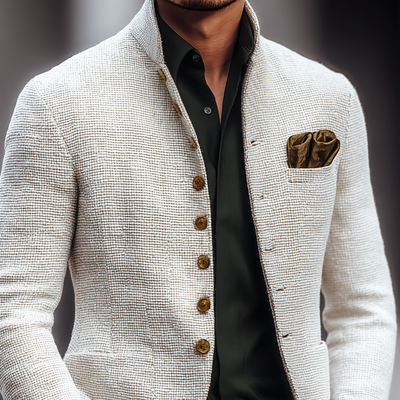 Men's Solid Tweed Stand Collar Single Breasted Casual Jacket MTA2939H6Z